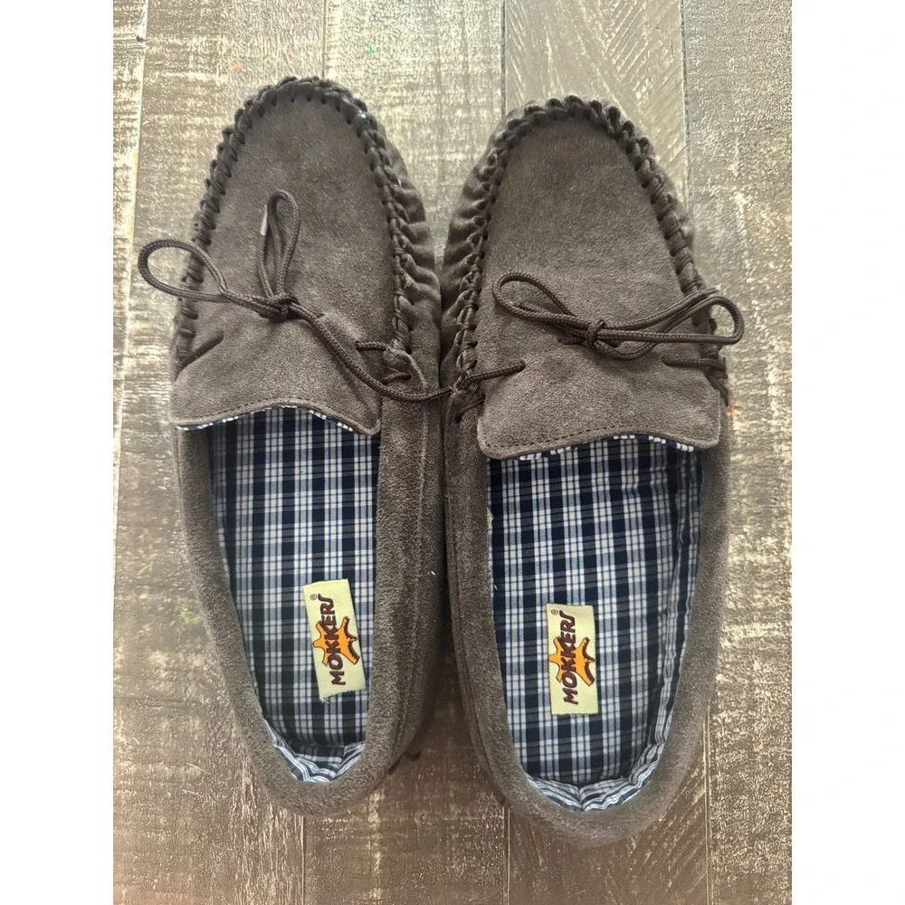 MOKKERS Men's Bruce Gray Suede Mocassin Slippers Size‎ 11 Gray Blue White Checks